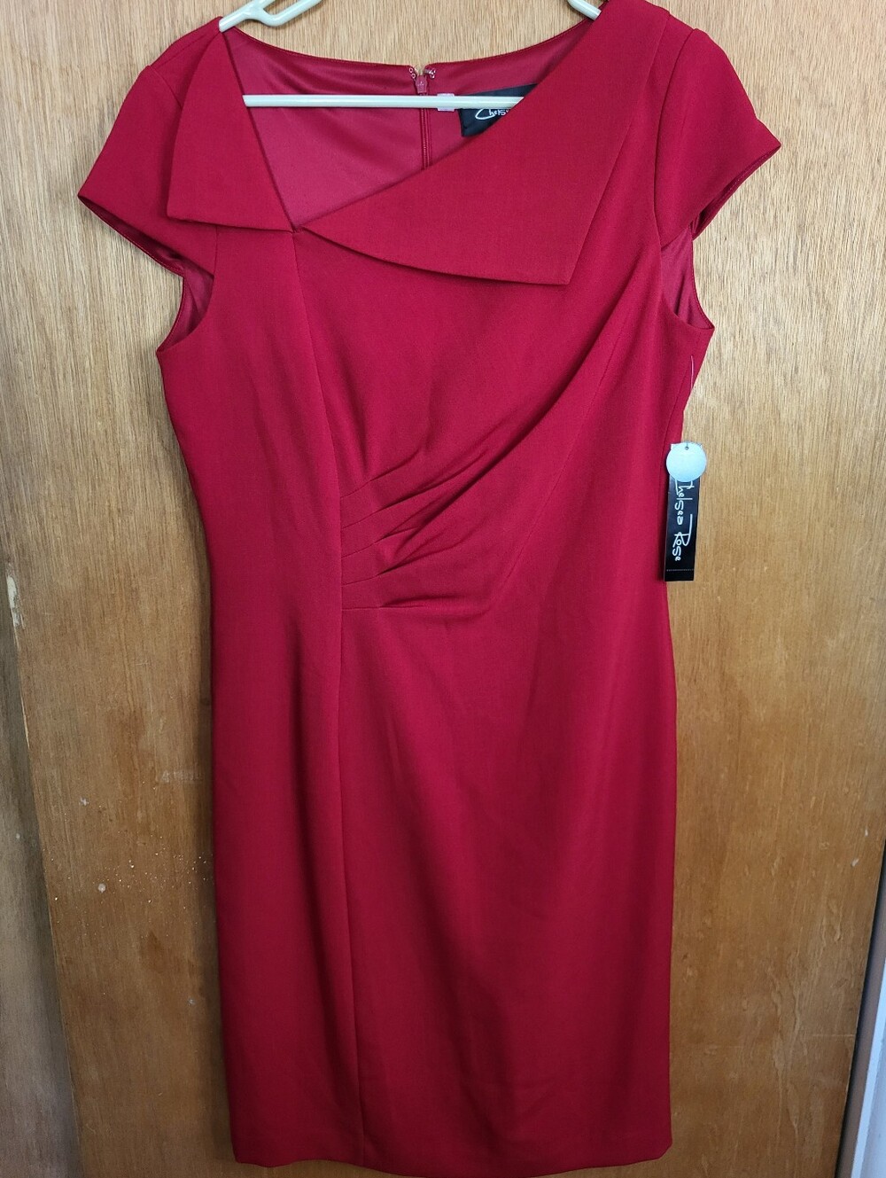 Chelsea Rose Lipstick Red Classic Sheath Dress with Draped Collar. Size 8